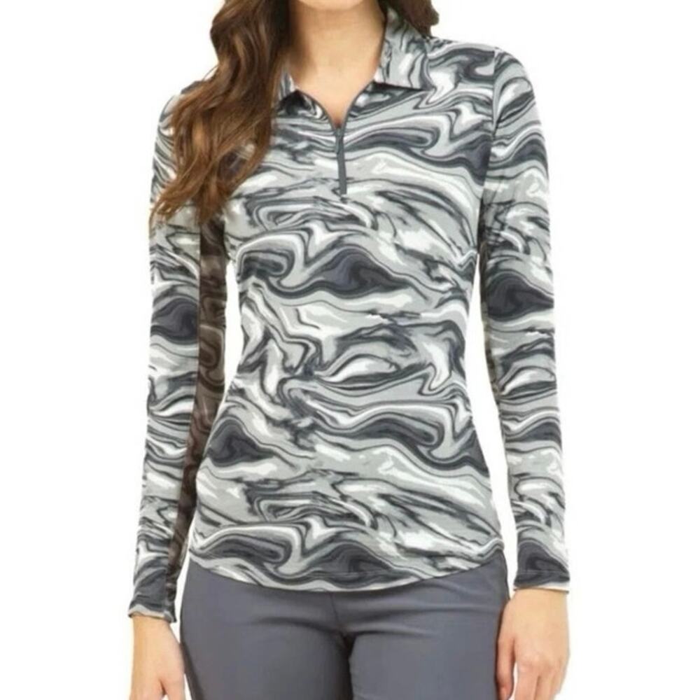 IBKUL Devin Black Long Sleeve Polo Golf Shirt Marble UPF 50 Activewear Sz Medium